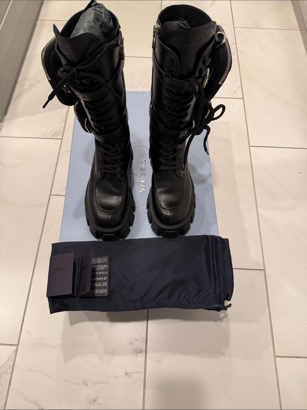 Prada Black Leather Tall Lace-Up Combat Boots with Lug Sole